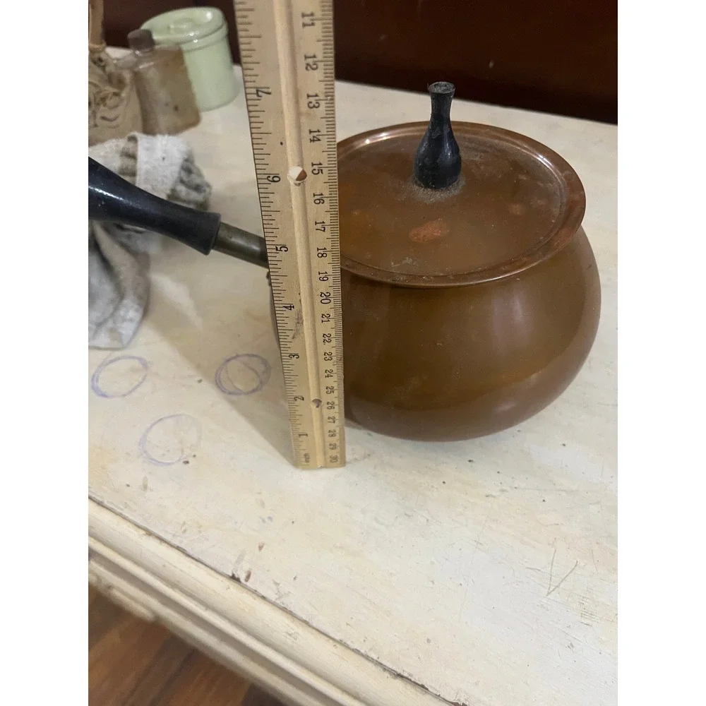Vintage Copper Fondue Pot with Lid and Wooden Handle Rustic Kitchen Decor‎